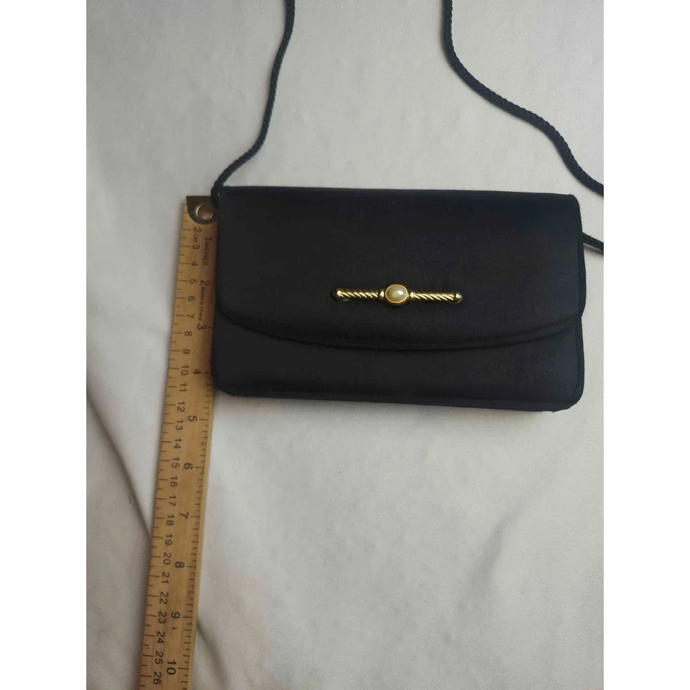 La Regale Clutch Bag Women Black Satin Formal Evening Shoulder Gold Pearl Clasp